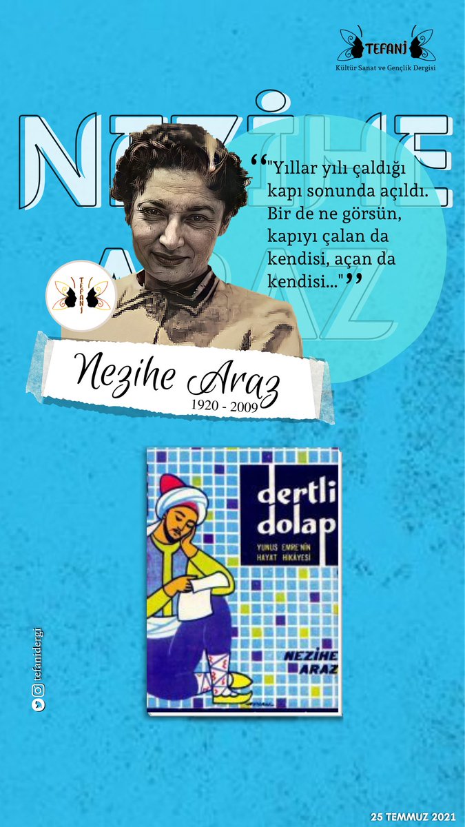 "Yıllar yılı çaldığı kapı sonunda açıldı. Bir de ne görsün, kapıyı çalan da kendisi, açan da kendisi..."
| Nezihe Araz

#kültür #sanat #edebiyat #genclik #gençlikdergisi #nezihearaz #dertlidolap