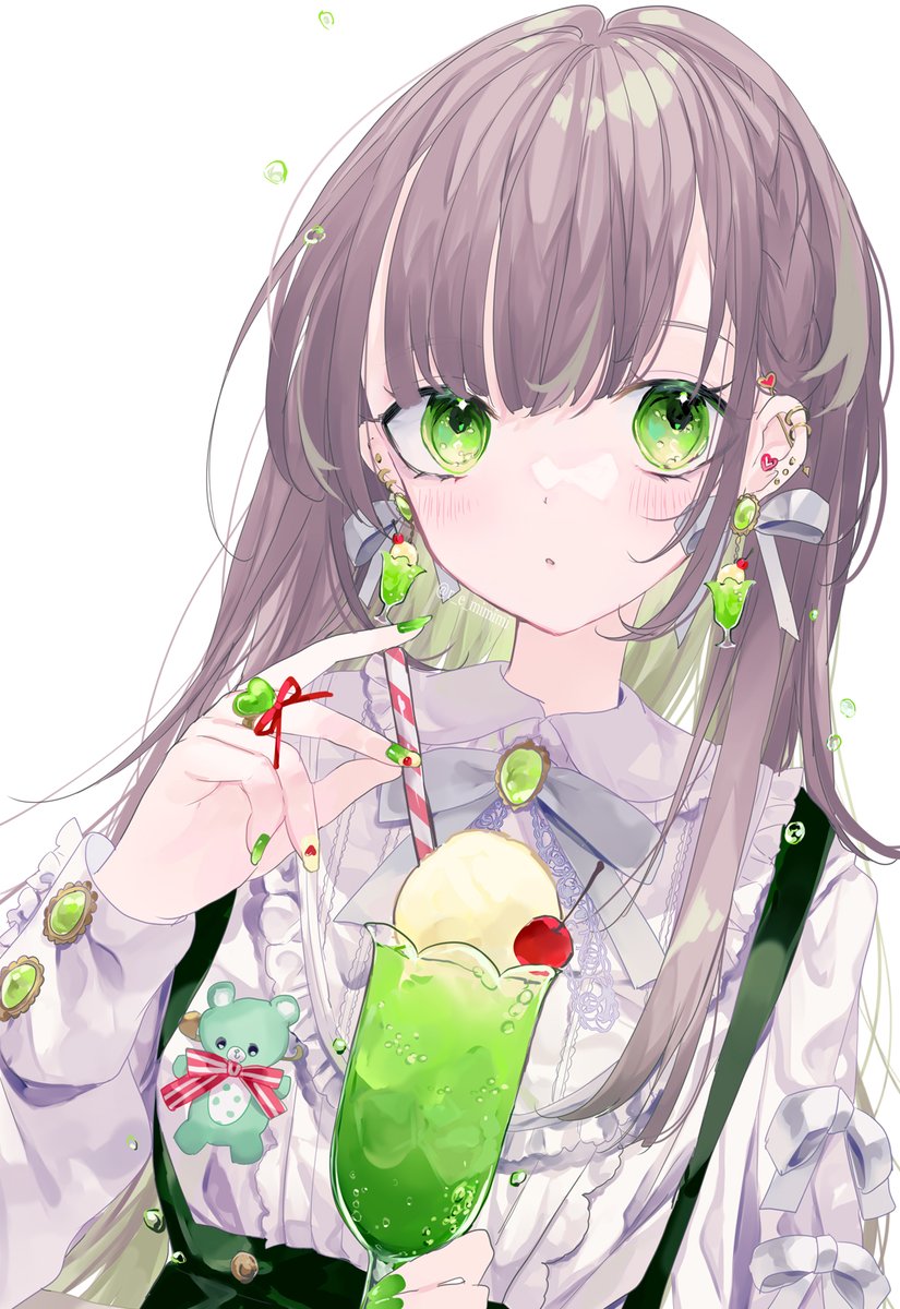 1girl solo jewelry green eyes green nails earrings food  illustration images