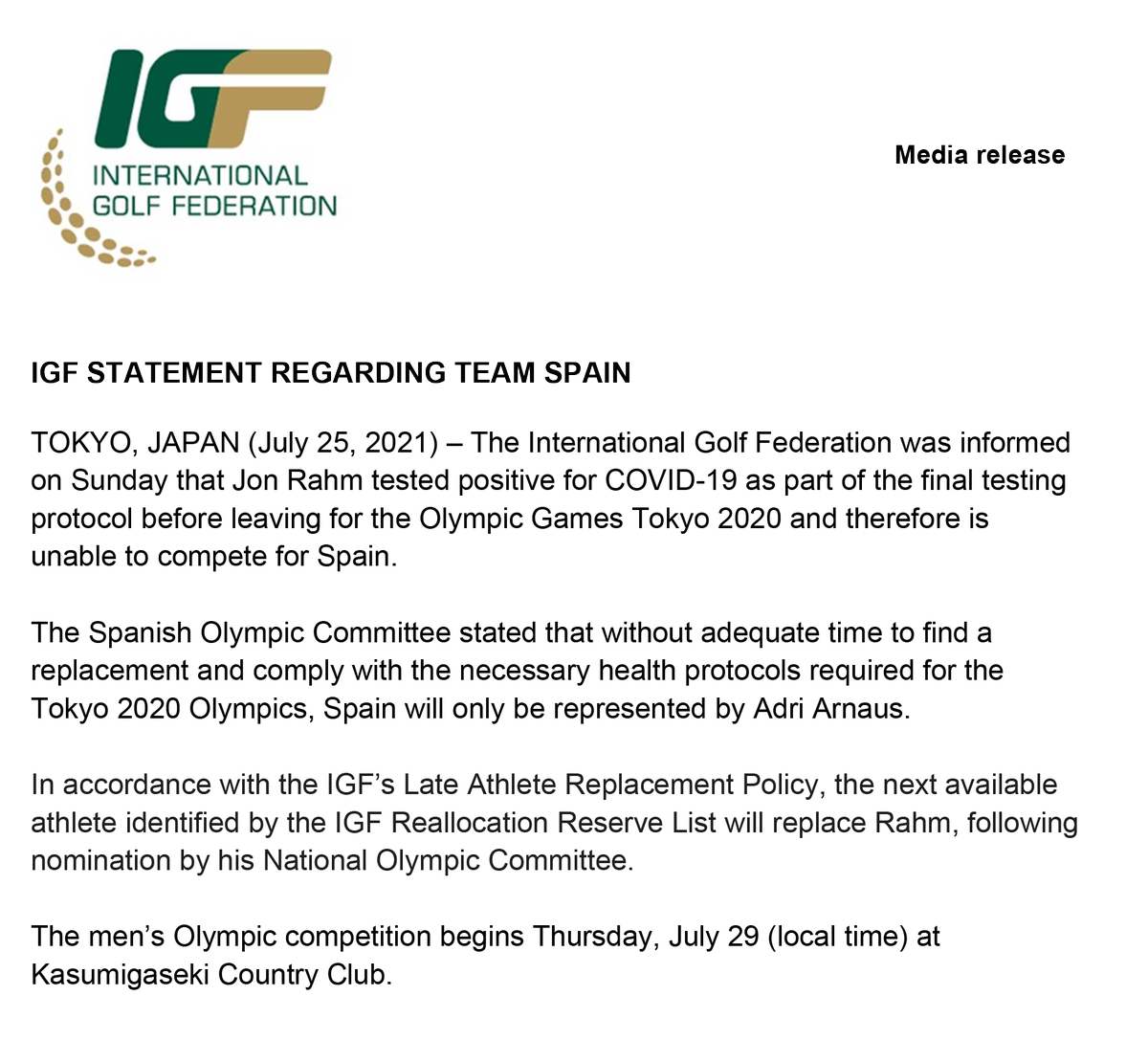IGFGolf's tweet photo. IGF statement regarding Team Spain https://t.co/AMM7EIwM83
