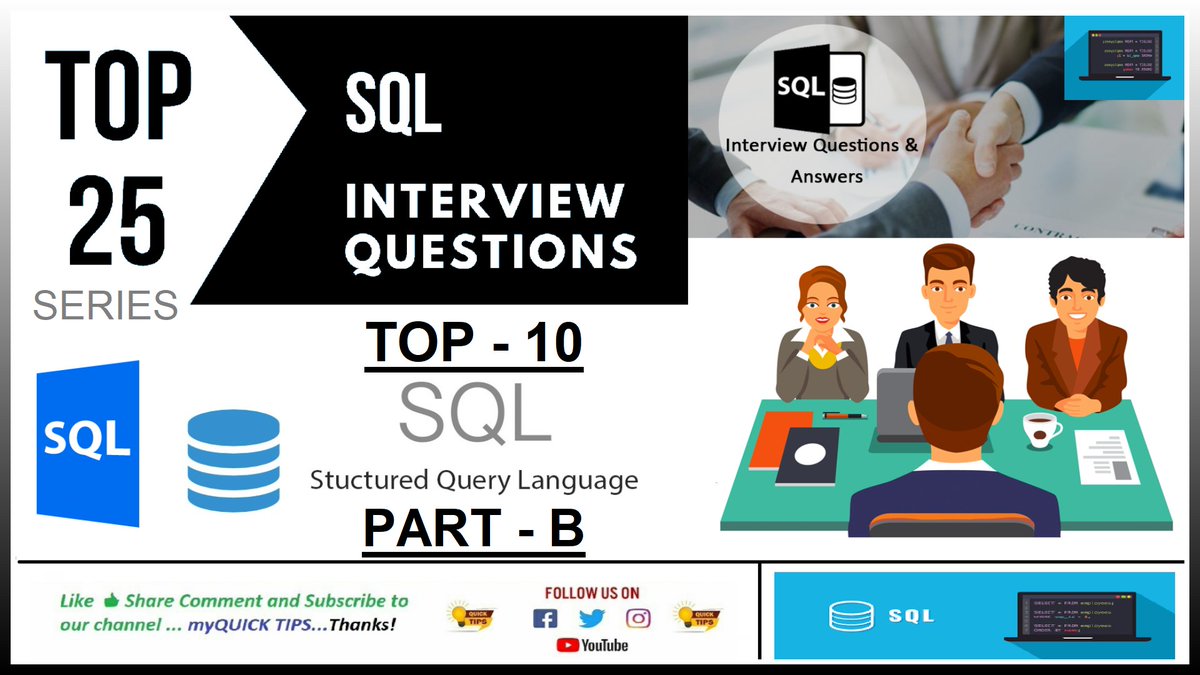myquick_tips's tweet image. 𝐓𝐨𝐩 10 𝐒𝐐𝐋 𝐈𝐧𝐭𝐞𝐫𝐯𝐢𝐞𝐰 𝐐𝐮𝐞𝐬𝐭𝐢𝐨𝐧𝐬 𝐚𝐧𝐝 𝐀𝐧𝐬𝐰𝐞𝐫𝐬 | 𝐒𝐐𝐋 𝐈𝐧𝐭𝐞𝐫𝐯𝐢𝐞𝐰 𝐏𝐫𝐞𝐩𝐚𝐫𝐚𝐭𝐢𝐨𝐧 𝐅𝐫𝐞𝐬𝐡𝐞𝐫𝐬 + 𝐄𝐱𝐩𝐞𝐫𝐢𝐞𝐧𝐜𝐞𝐝
🔥Part B : youtu.be/TO8H6hEIFXs
#SqlInterview #Freshers #Experienced #InterviewQuestions #myquicktips
