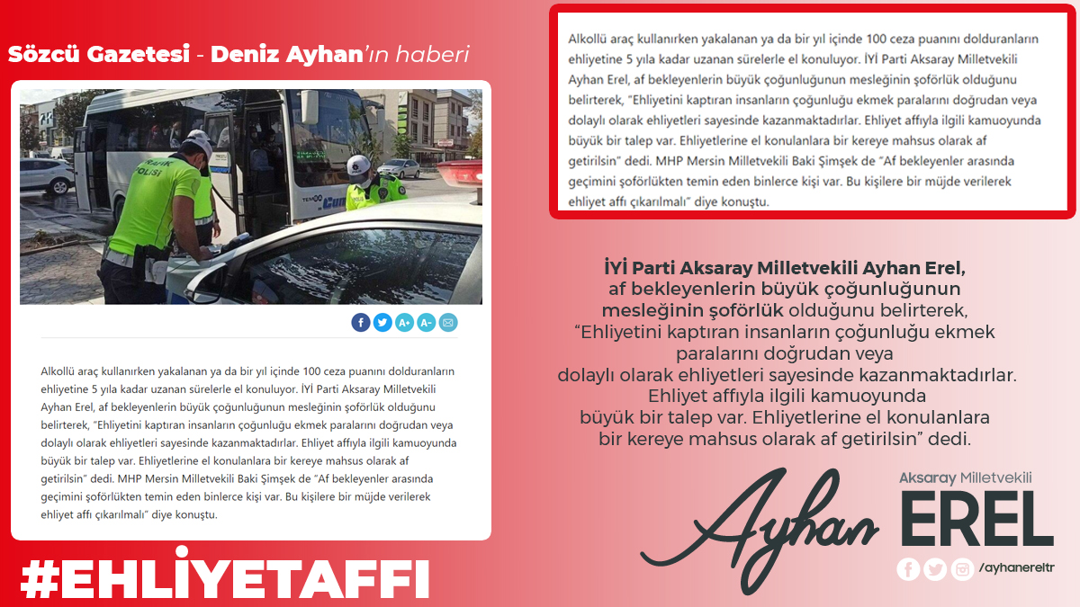 Biz milletin vekiliyiz. Onlar ne derse, ne isterse o. Vatandaşlarımız, " #ehliyetaffı "  diyorlarsa bunun gündeme getirilmesi, tartışılması gerekir.

instagram hesabımı da takip eden vatandaşlarımıza teşekkür ederim. Mesajlarınızı okumaya gayret ediyorum.
instagram.com/ayhanereltr/