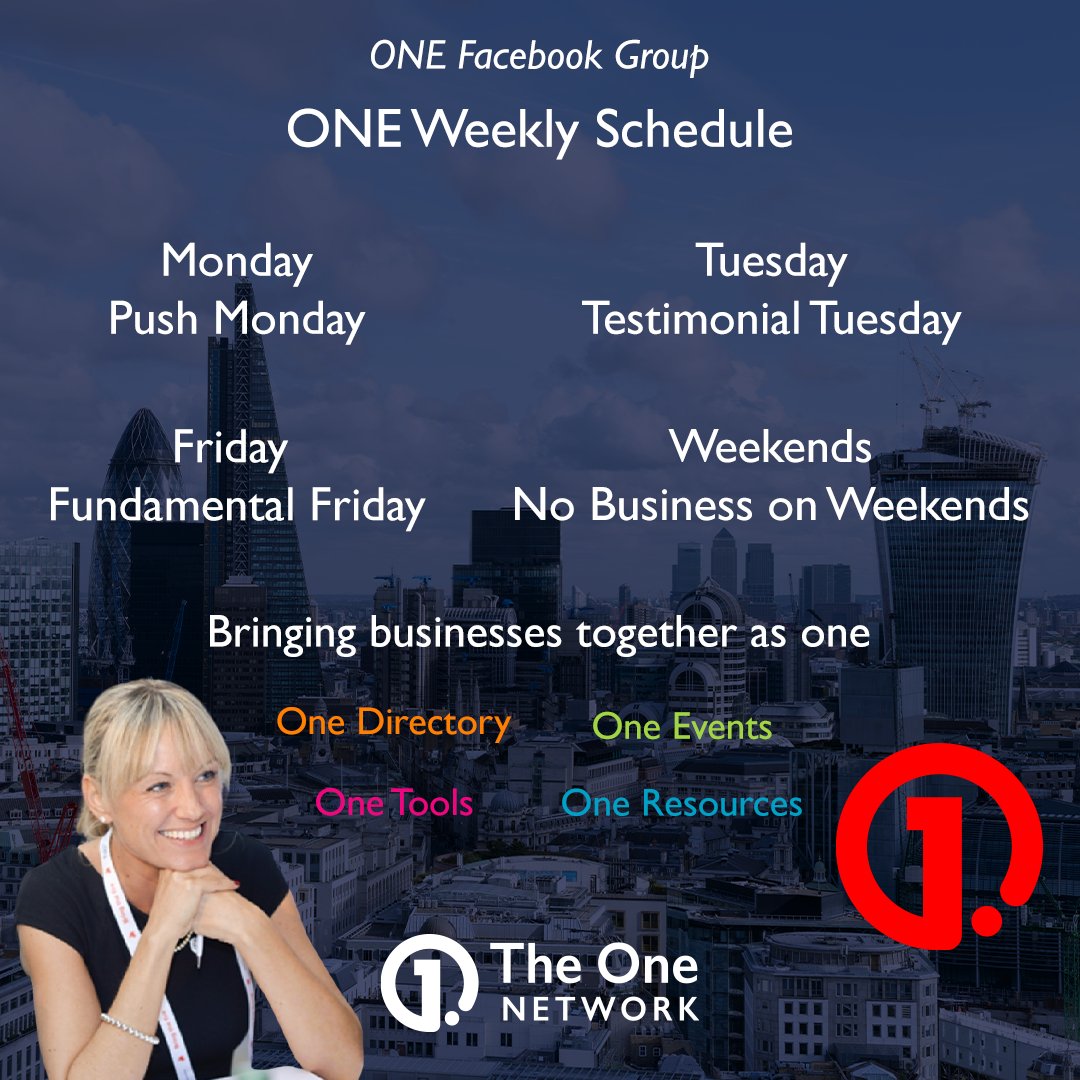 theone_network's tweet photo. Take part in our weekly schedule

Push Monday 
Testimonial Tuesday
Fundamental Friday
No Business on Weekends

Not a member of the ONE Facebook Group?

Join today 👇
https://t.co/sJhmSIeww6

#facebookgroup #joinus #london https://t.co/ZlgueXSV3L