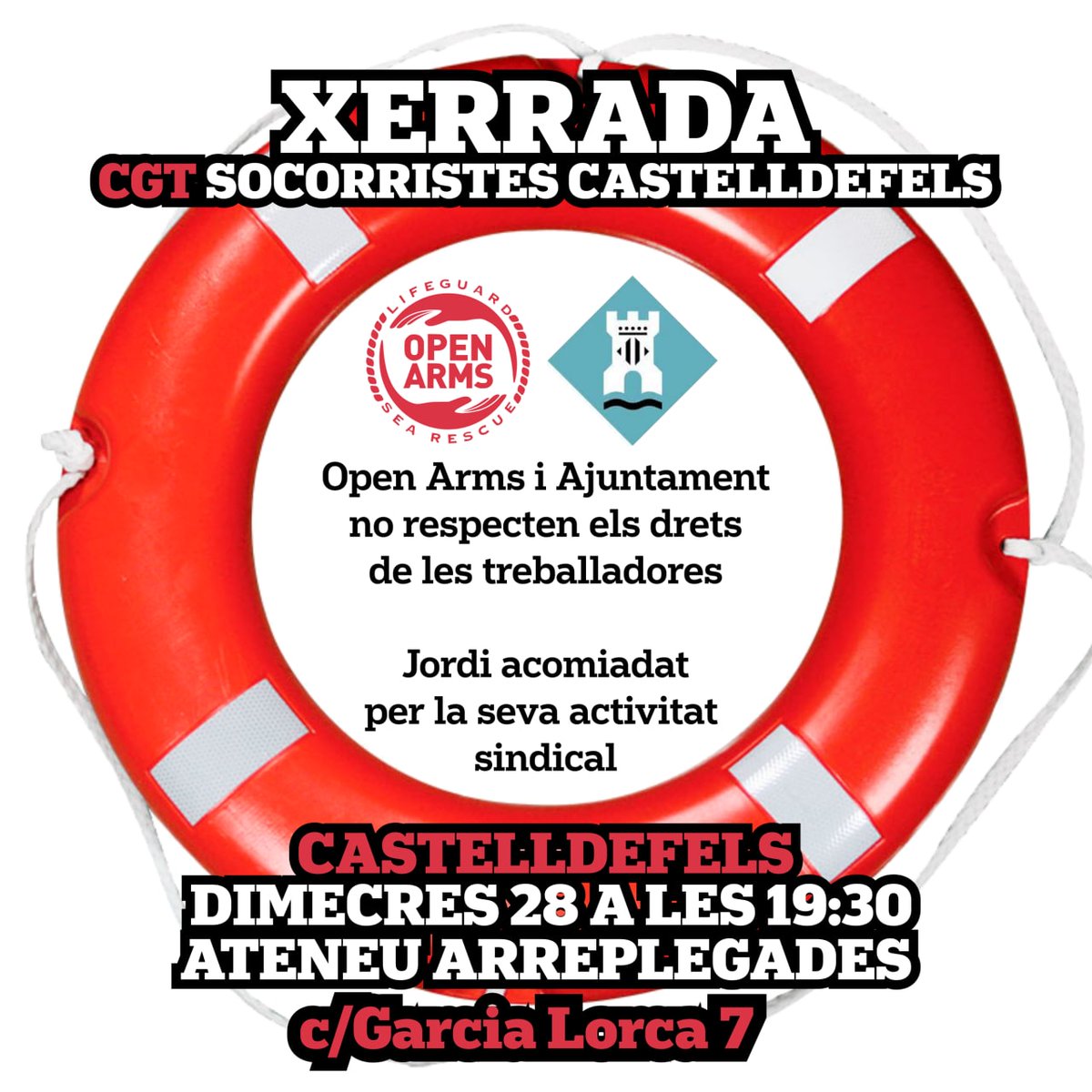 👤"El cuerpo se te congela cuando pides cremas solares (EPI) y Pro-Activa Serveis Aquàtics S.L. (empresa blanqueada por la ONG Proactiva Open Arms) te despide". 

⭕️En Jordi i companyes de CGT socorristes Castelldefels venen a l'Ateneu a parlar-nos de la seva situació laboral.