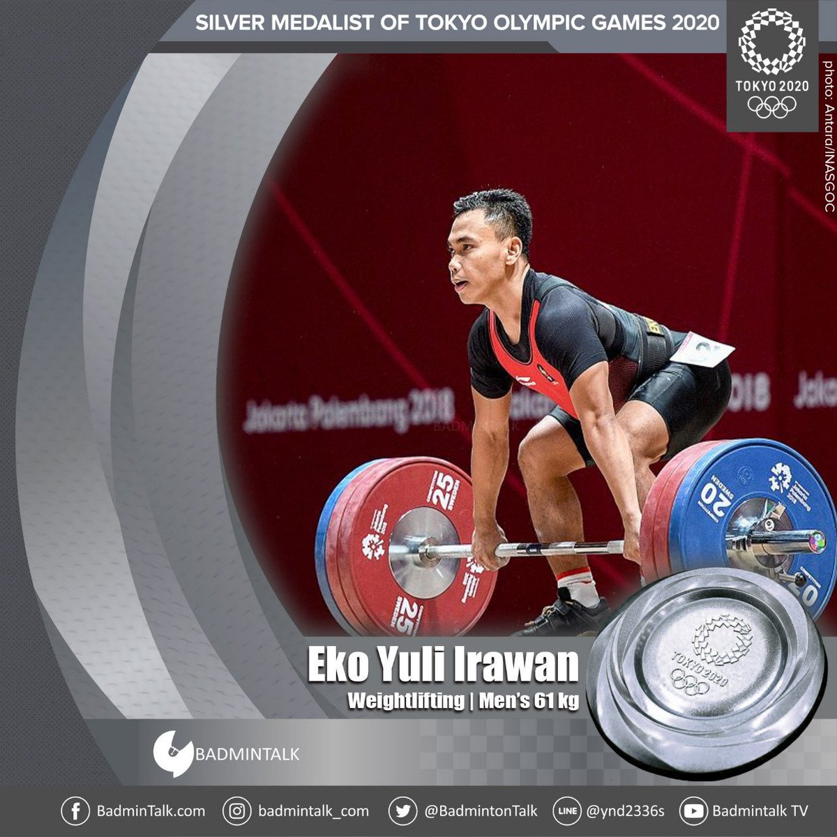 BadmintonTalk's tweet photo. INDONESIA MEDALIST IN #Tokyo2020

Congratulations to Eko Yuli Irawan for winning the SILVER MEDAL

MEDALI KEDUA UNTUK INDONESIA!!

#Weightlifting -  Men's 61 kg

🥇 Li Fabin #CHN
🥈 Eko Yuli Irawan #INA
🥉 Igor Son #KAZ https://t.co/ELk3cvnA8H