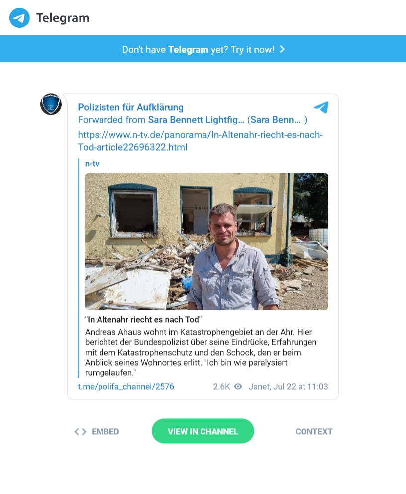 BRechercheteam's tweet photo. Aber #PolizistenfürAufklärung teilen nicht nur Rechts, sondern auch Postings aus bekannten QAnon-Kanälen wie #CheckMateNews und von Verschwörungsdullies wie #EvaHerman, #SaraBennett und #TraugottIckeroth. https://t.co/9GjcBLhjzD