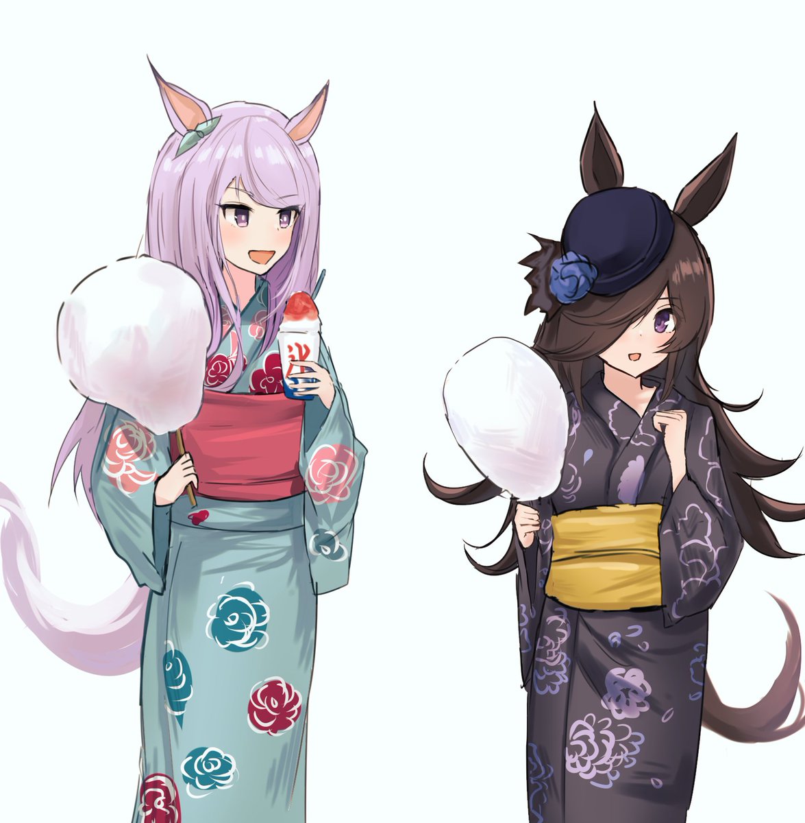 mejiro mcqueen (umamusume) ,rice shower (umamusume) multiple girls 2girls animal ears tail horse ears kimono japanese clothes  illustration images