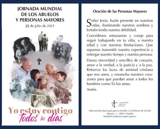 Esta tarde a las 21:00 el Director de este Secretariado celebrará la Eucaristía en nombre del Arzobispo <a href="/Obispofcerro/">✙ Francisco Cerro Chaves</a> con motivo de la Jornada Mundial de los abuelos y mayores en el Santuario de los Sagrados Corazones. Estáis todos invitados.
#IamWithYouAlways