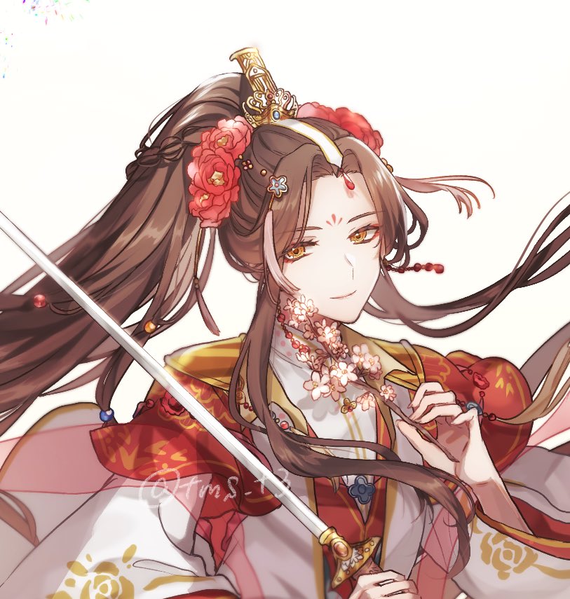 flower hair ornament long hair chinese clothes weapon brown hair ponytail  illustration images