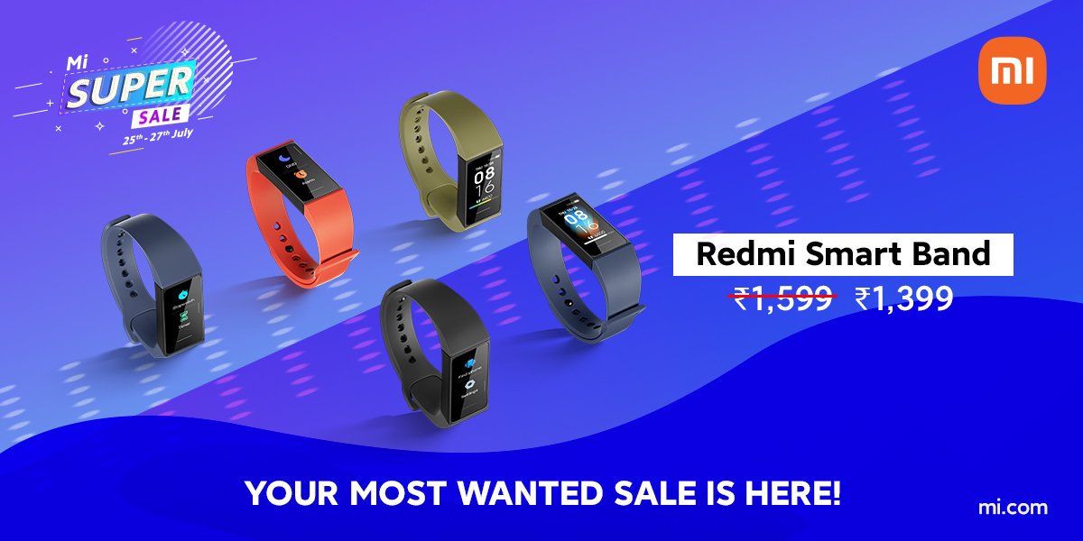RedmiIndia's tweet photo. Yes, you read that right, the #RedmiSmartBand is available at INR 1399 only, until 27th July! 
Hurry up and catch your Redmi faves at the best ever prices, it's not everyday that the #MiSuperSale comes knocking at your door 😏
Check them out here: https://t.co/UrZz4KIRcN https://t.co/5sAGpVRBzj