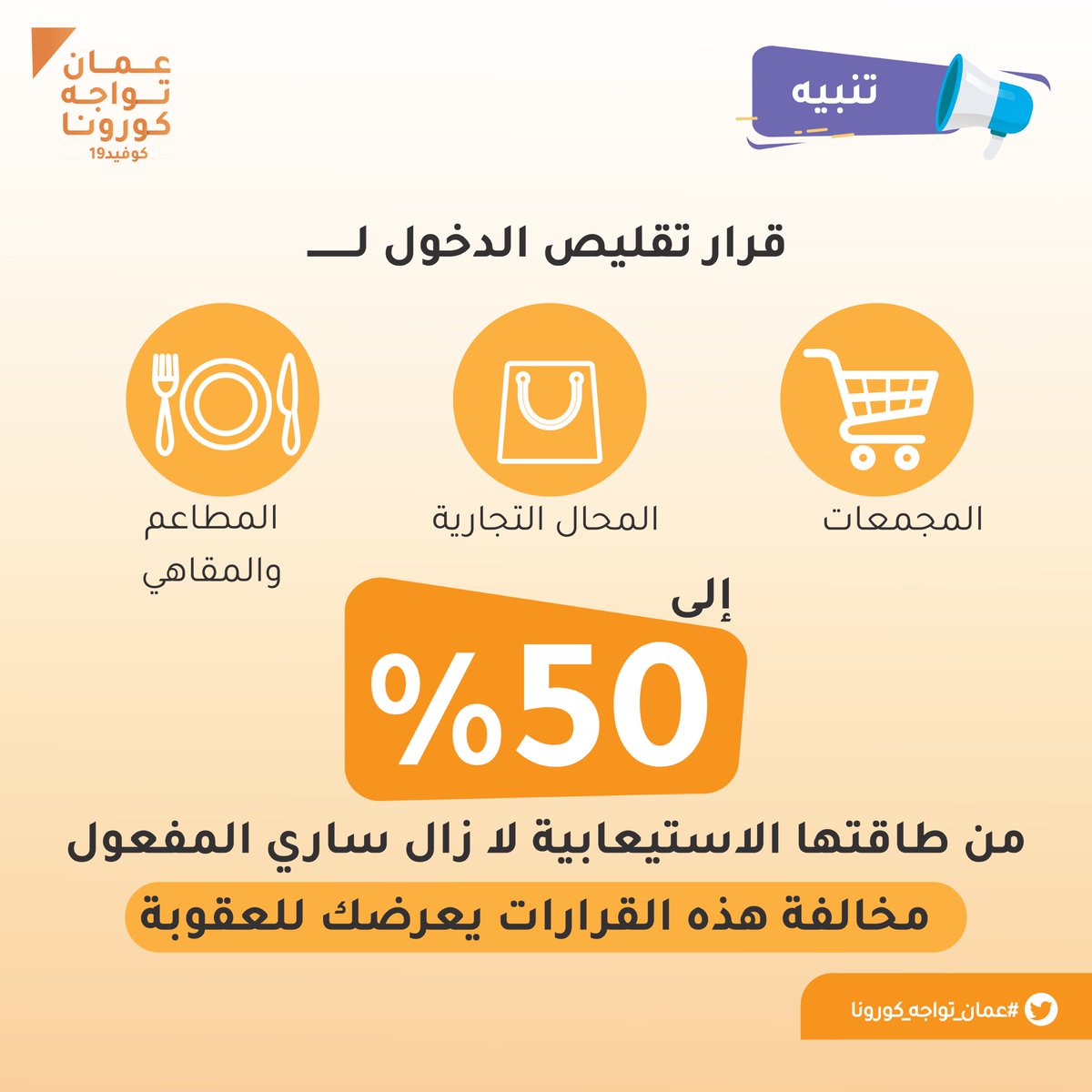 قرار تقليص الدخول للمجمعات والمحال التجارية والمطاعم والمقاهي إلى 50% من طاقتها الاستيعابية لا زال ساري المفعول.
#نواصل_الالتزام 
#عمان_تواجه_كورونا