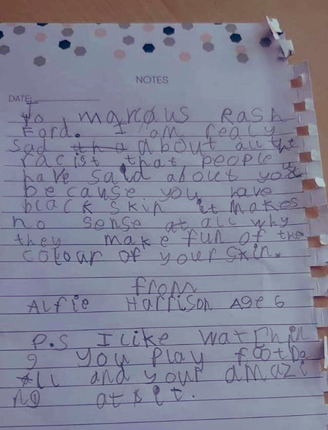 stupid1957's tweet photo. My grandson Alfie age 6 couldn’t sleep a couple of weeks ago because he was worried about what people were saying about Marcus Rashford. So he wrote this down to make himself feel better. Worth sharing. https://t.co/AUPkghygnc
