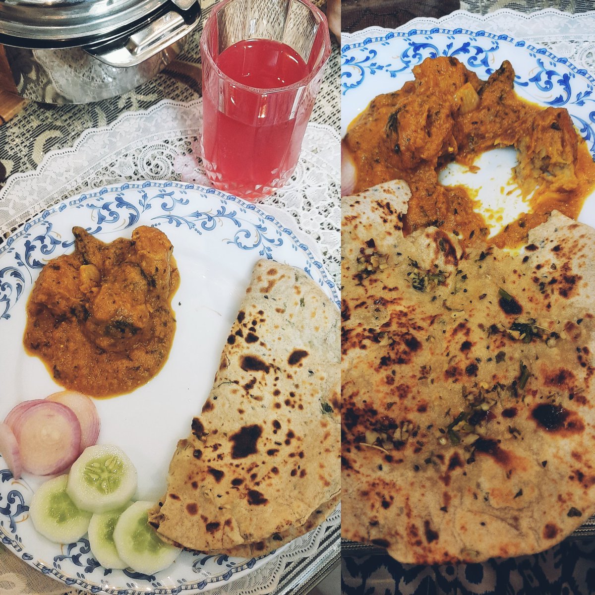From Italy last night, I traveled back home and cooked this delicious Soya Chaap Masala curry and Maa made this super delicious tandoori garlic roti for a Sunday lunch feast! 🤤🤤😋
Accompaniments: rose Nimbu soda, cucumber and onion soaked in vinegar 😍
#lunch #soyachaap