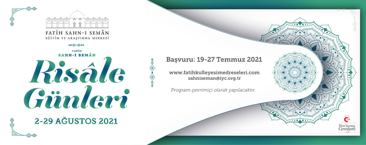 sahnisemaniyc's tweet photo. Fatih Sahn-ı Semân Risâle Günleri başvuruları devam ediyor!..

Ayrıntılı bilgi almak ve başvuru yapmak için web sitemizi ziyaret edebilirsiniz.
https://t.co/5NIZJpz5Mx

Not: Program online olarak yapılacaktır. https://t.co/QeXu4kBhY7
