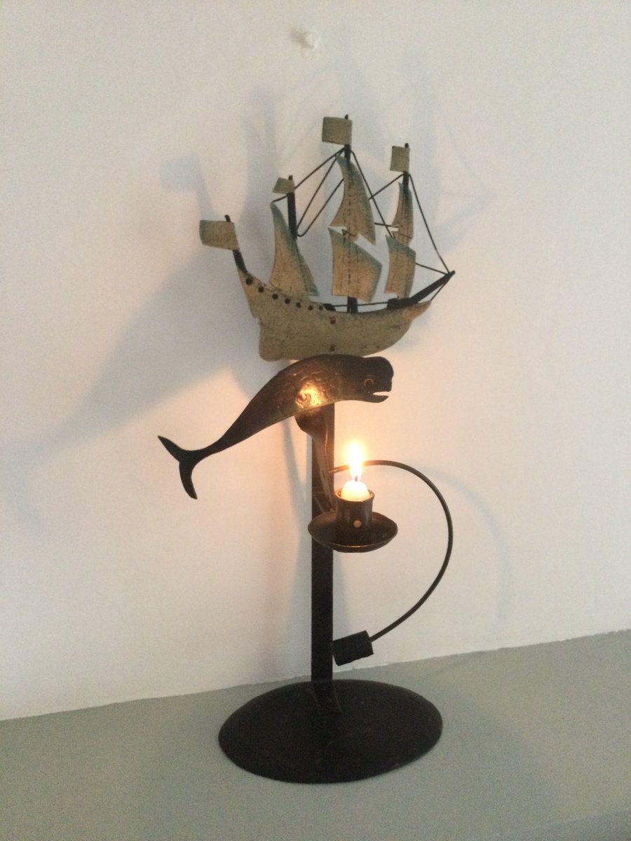 I found this elaborate, hand-made enamelled iron candle-holder in a second hand shop. It is a beautiful object - the whale moves across the bow of the ship when the weight is swung. But it is also a reminder of the long, bloody history of hunting of these extraordinary creatures.