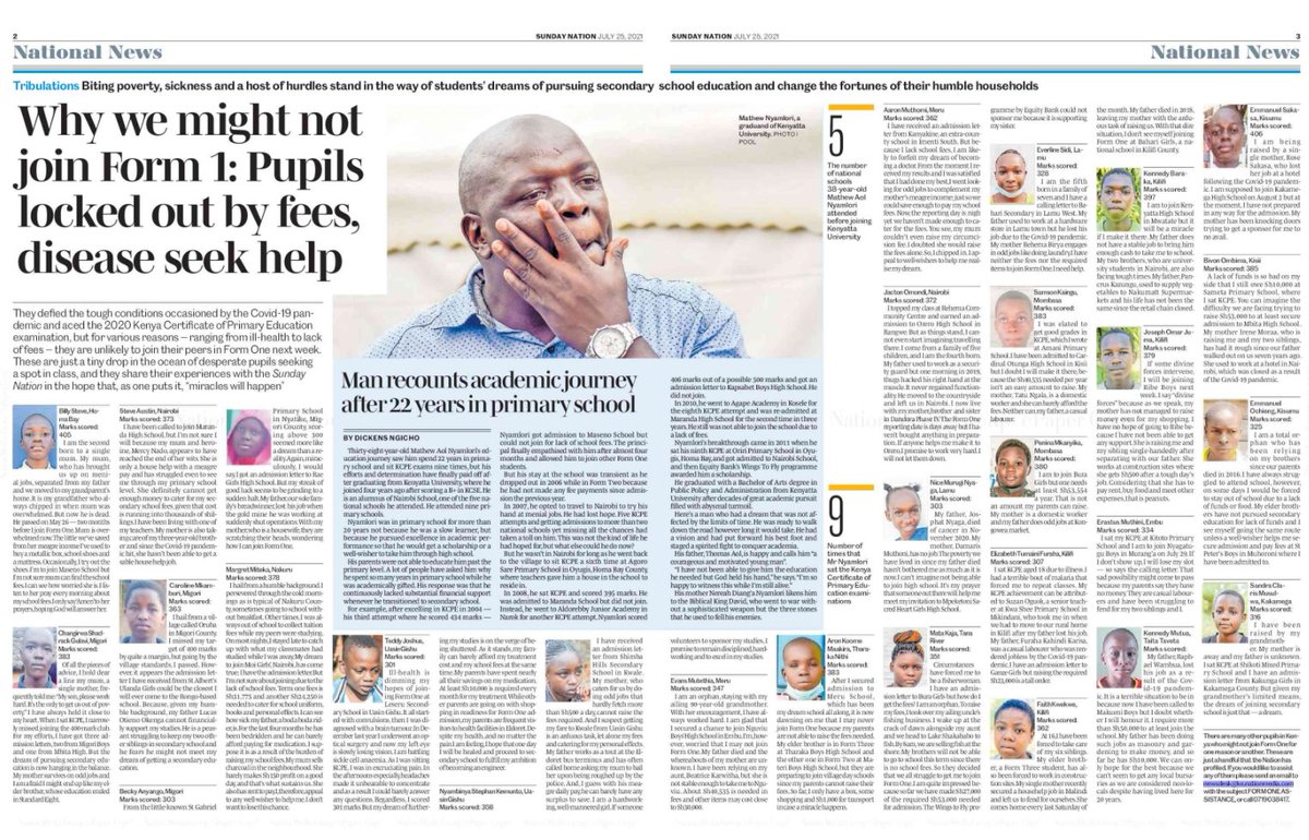 MwangoCapital's tweet photo. In today's Sunday nation, there are 2 pages of a sample of kids who might not join high school because of various reasons that range from lack of fees to ill-health. They surely do need help. https://t.co/jMrw6uHRny
