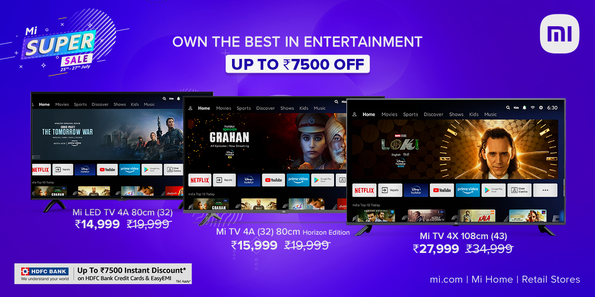 XiaomiTVIndia's tweet photo. Offers to swoon over! π
Avail exciting offers across #MiTVs from July 25th-27th! #MiSuperSale.
Bring home your favourite #MiTV today.
Buy Now: https://t.co/abf6ivg2LC https://t.co/jB7nuQuLx5