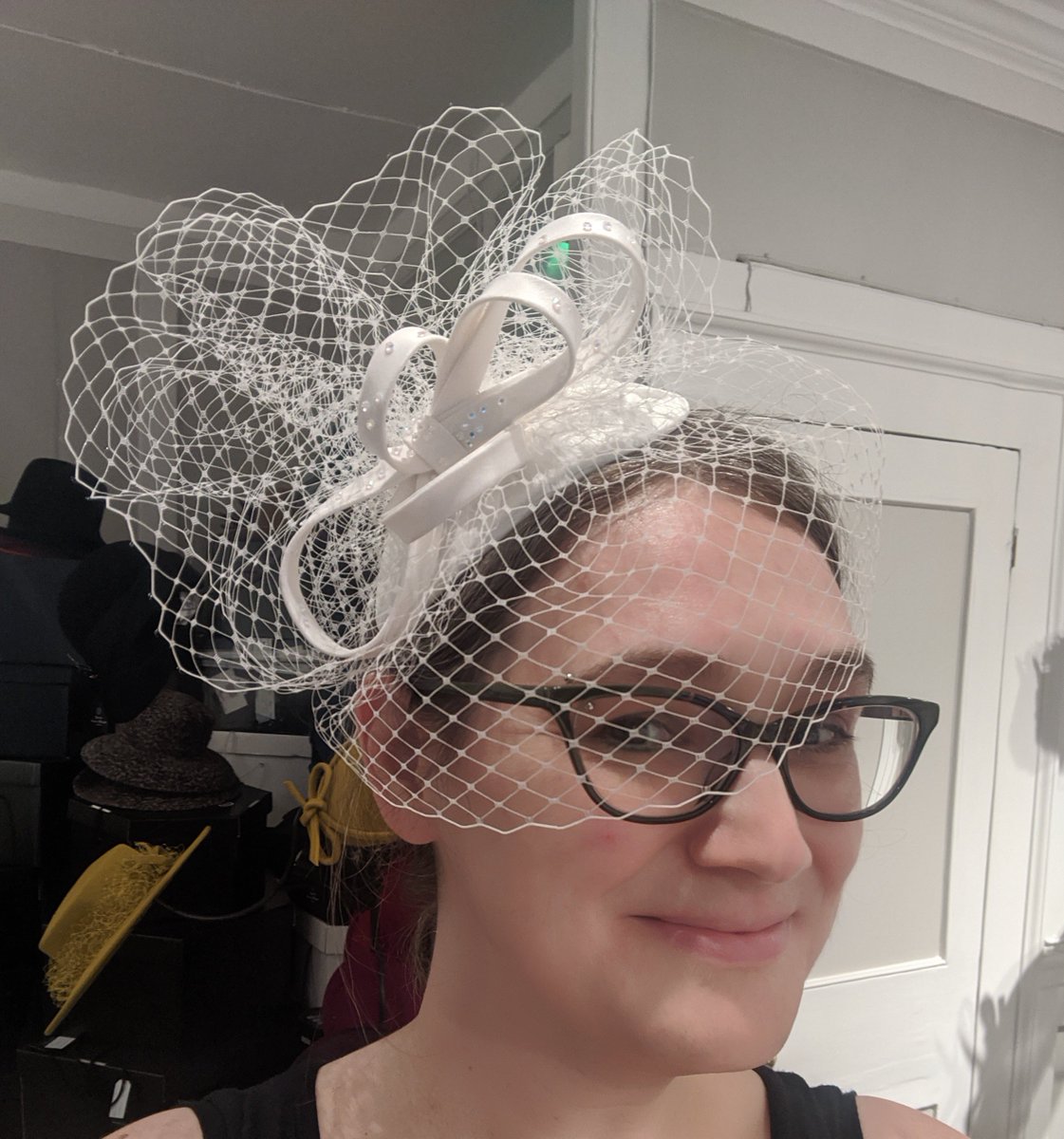 👒 With the dress sorted it was time to turn to the hat. I found <a href="/RTMMillinery/">Rachel Trevor Morgan</a> and popped into the shop to try her bridal options. I found a good base design and added loops and veiling to complete the look.