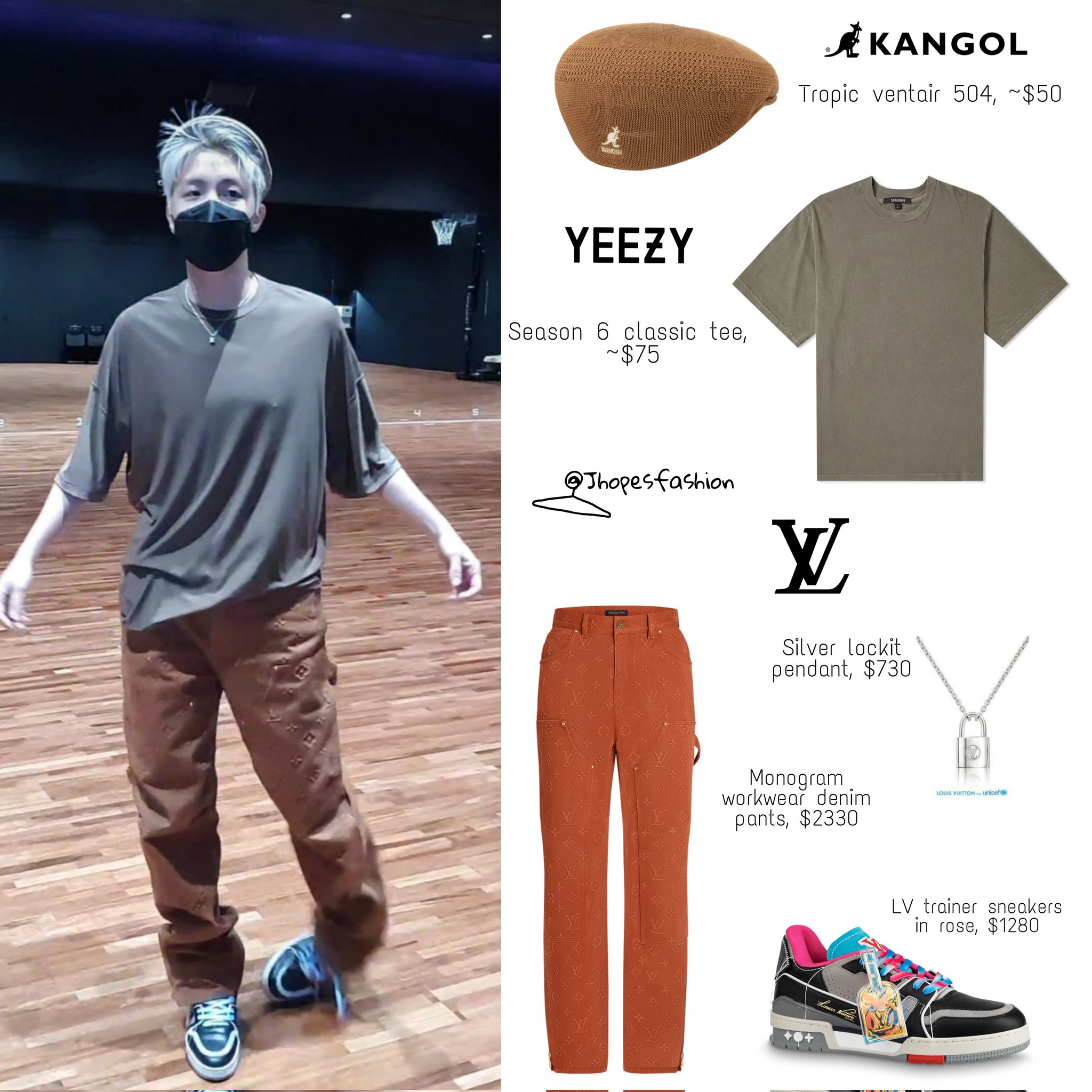 j-hope's closet (rest) on X: Hoseok's Kangol cap, Yeezy tee, Louis Vuitton  necklace, pants & shoes 210726 - Late night Hobi vlive #Jhope #제이홉  #Jhopefashion #BTS  / X