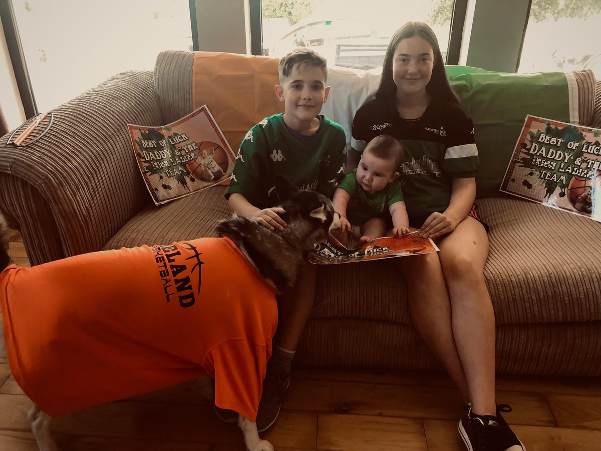 sharon_ahern13's tweet photo. The excitement is real 😃 even the dog wanted in on today’s picture 🤣10 mins to go to the final!!! COME ON IRELAND! 🇮🇪🏀 #proud @JamesWeldon1 @BballIrl https://t.co/5j5BLwpuG9