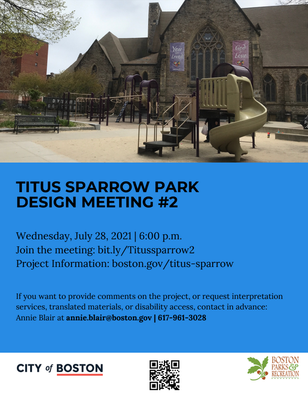 Titus Sparrow Park redesign meeting #2, Wednesday evening July 28th.