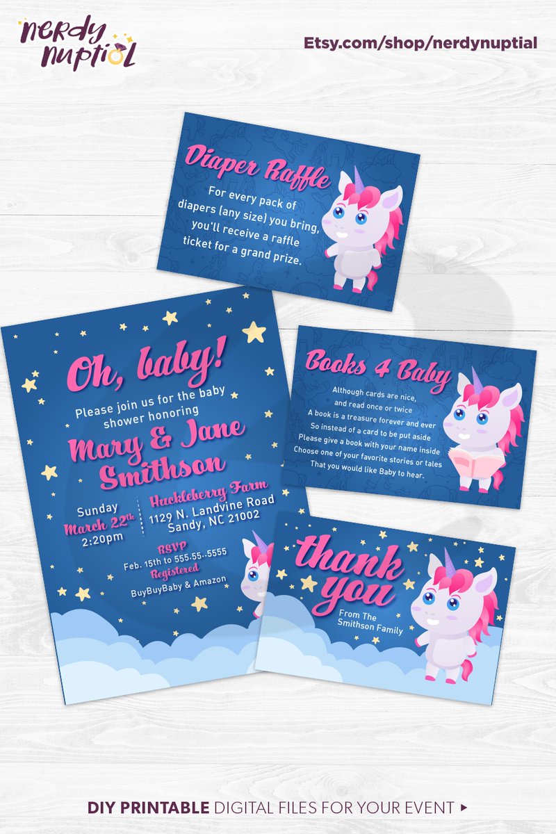 Your new pride and joy is delivered not by the stork, but by the unicorn. This sweet pink unicorn is floating on the clouds on this invitation, books for baby, thank you and diaper raffle card.

etsy.me/3wVZI1d

#diybabyshower  #nerdynewborn #babyshowerinvite #unicorn #