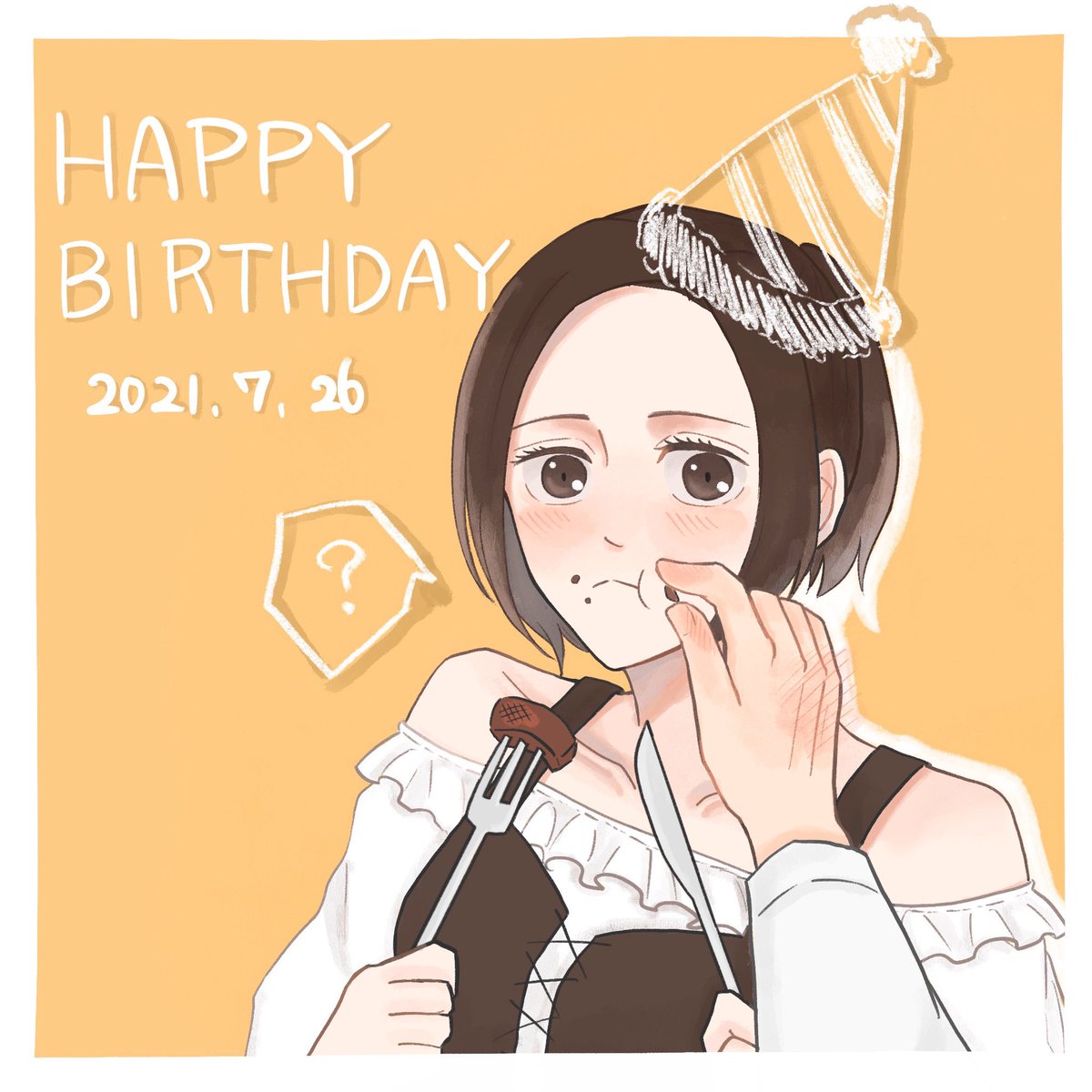 fork 1girl holding fork happy birthday ? food on face short hair  illustration images