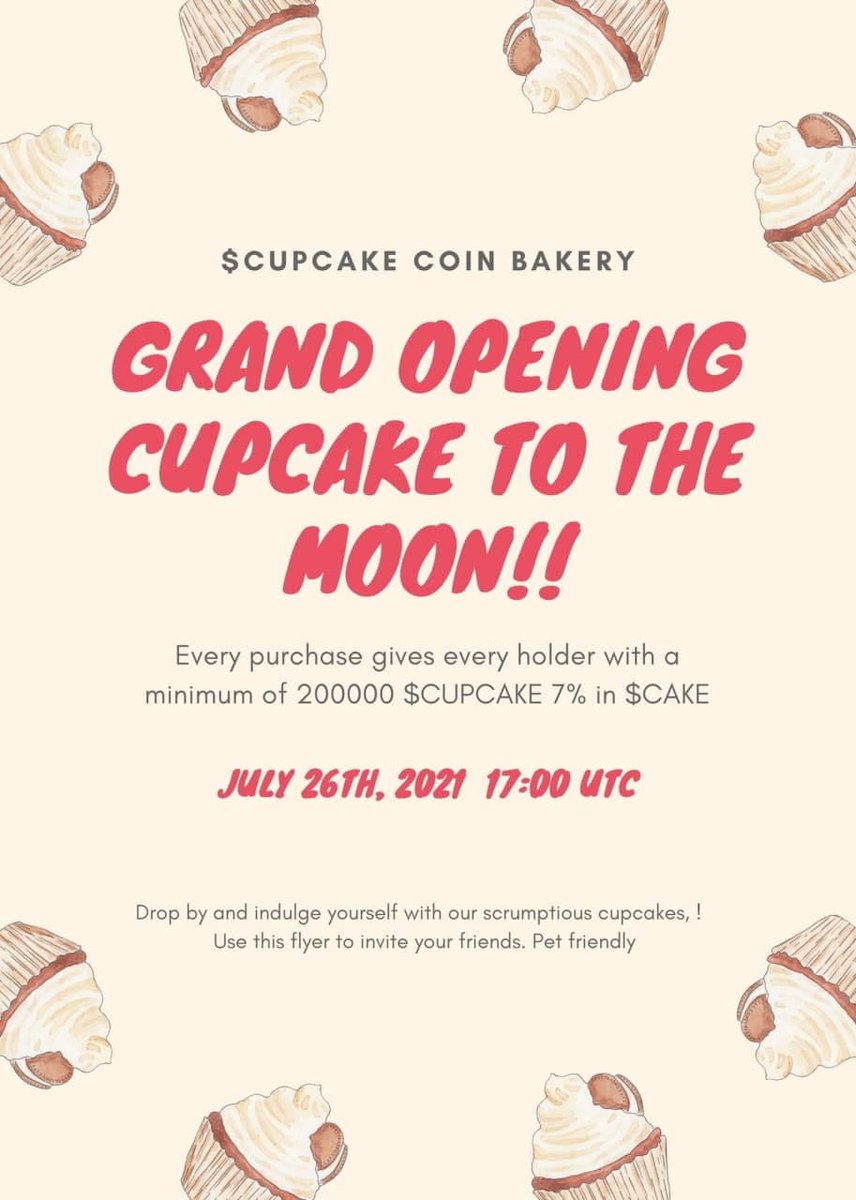 drill_shill's tweet photo. 🧁CUPCAKE COIN🧁

Tomorrow is the Fair Launch of $CUPCAKECOIN 
We have the Solid Contract &amp; Based Team

Anti Whale Dump features 

Fair launch Monday 26th 
Time: 17:00 UTC

Rewards are paid in #cake 

Join the TG: https://t.co/EalpH6VPMV

#BSC #BSCGems #BinanceSmartChain #Crypto https://t.co/kkGELTZuMP