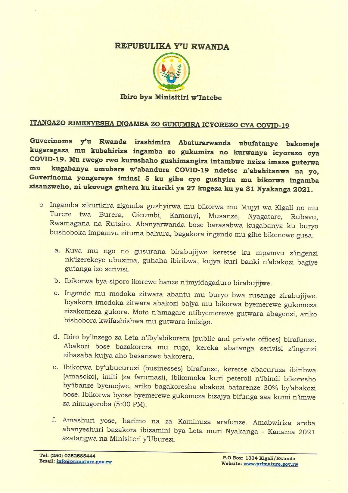 Office Of The Pm Rwanda Itangazo Riturutse Mu Biro Bya Minisitiri W Intebe Ku Ngamba Zo Kurwanya Covid 19