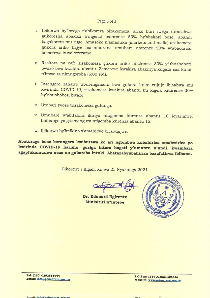 PrimatureRwanda's tweet photo. Itangazo riturutse mu Biro bya Minisitiri w'Intebe ku ngamba zo kurwanya COVID-19. https://t.co/nh82BarxSp