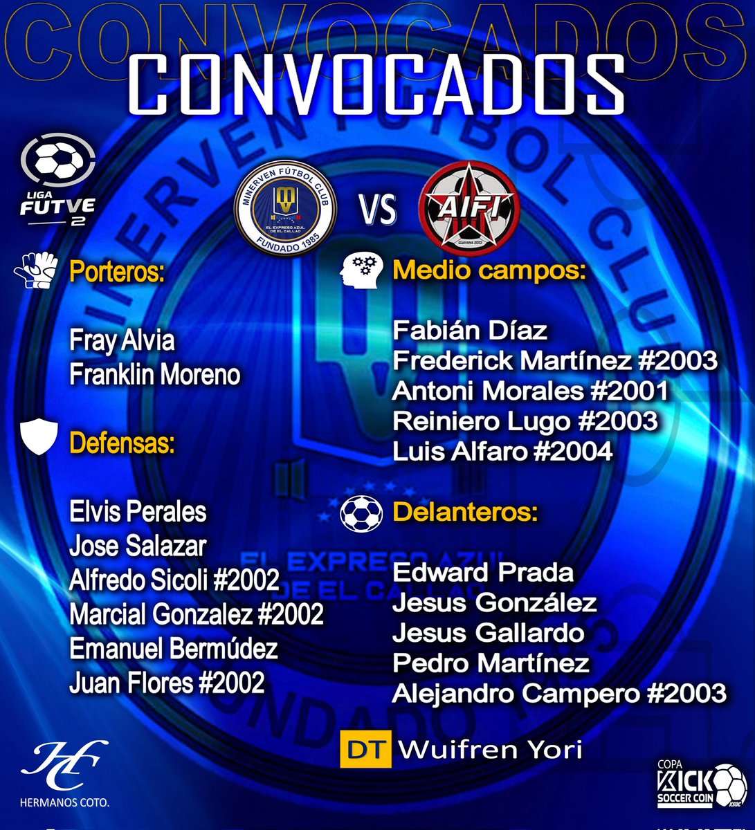 #MinervenFC // Estos son los convocados por nuestro director técnico Wuifren Yori ( @wandres_yori04 ), para el encuentro de hoy ante @fundacionaifi correspondiente a la jornada 2 de la <a href="/ligafutve2/">Liga FUTVE 2</a>