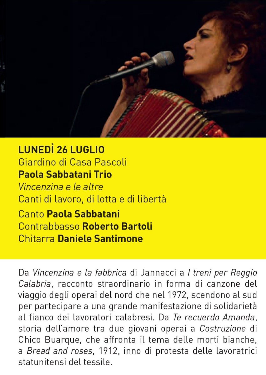 mcmrosso's tweet photo. Uno straoridnario concerto sul mondo del lavoro con la bravissima Paola Sabbatani
Al Giardino di Casa Pascoli, a San Mauro Pascoli, lunedì 26 luglio, ore 21.15 per il "Giardino della Poesia" si esibira in uno straordinario concerto sul mondo del lavoro
#giardinodellapoesia https://t.co/RqmELrXOwZ