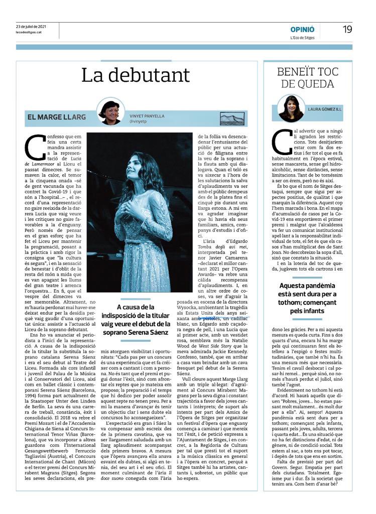 OperaSitges's tweet image. La soprano Serena Sáenz, que que va obtenir l’any 2018 un premi al @ConcursMirabent de #Sitges ha debutat en el paper protagonista de l’òpera Lucia Di Lammermoor de Gaetano Donizetti al  @Liceu_cat.