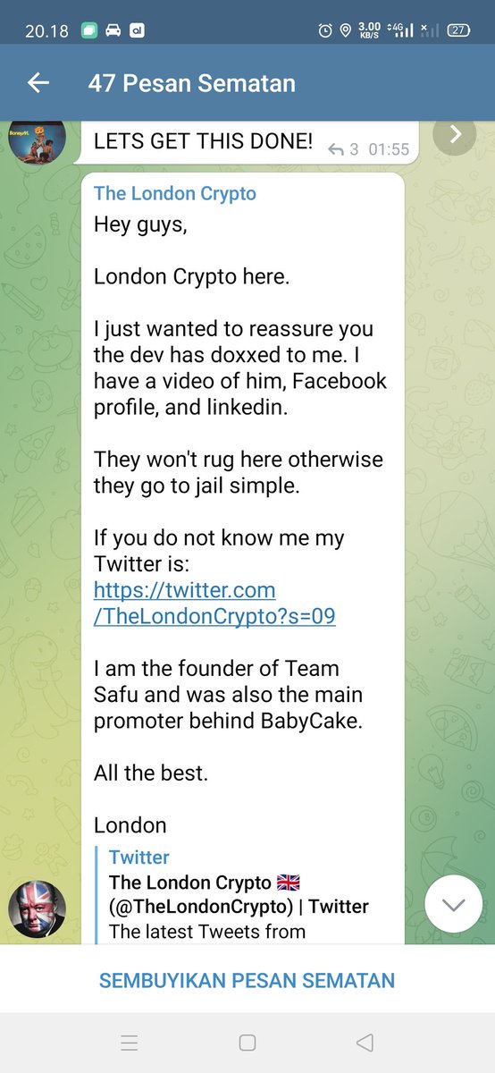 adepianpratama's tweet photo. Hey guys,

London Crypto here. 

I just wanted to reassure you the dev has doxxed to me. I have a video of him, Facebook profile, and linkedin.

They won't rug here otherwise they go to jail simple. 

If you do not know me my Twitter is:
@TheLondonCrypto

@RealBabyBake 
#BabyBake https://t.co/vWrMXmN1zT