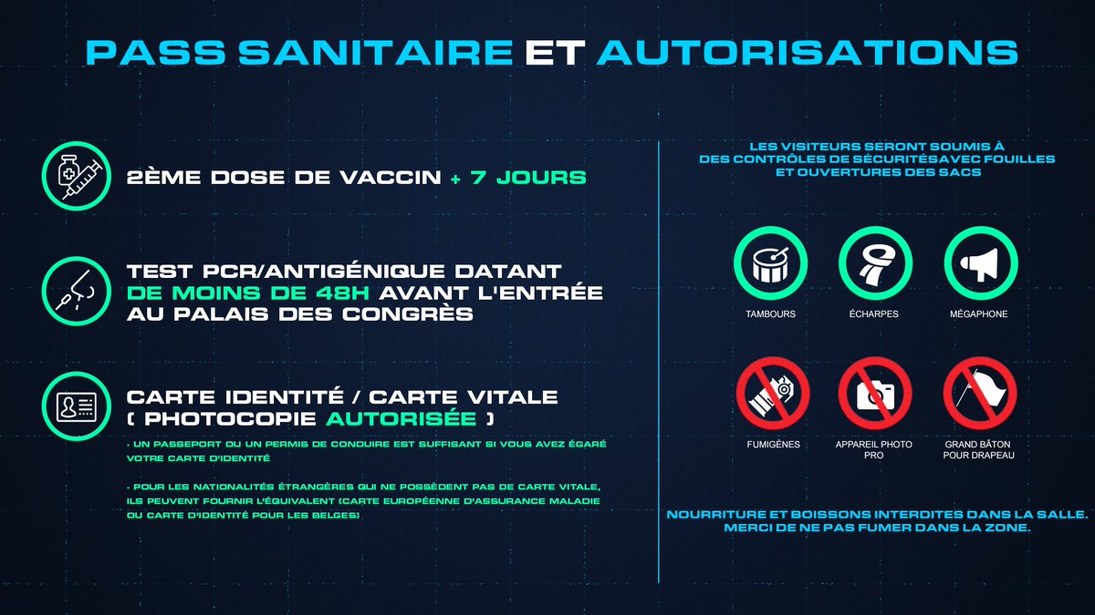 Voici un récapitulatif pour le Pass Sanitaire, les autorisations/interdictions dans la salle ainsi que les papiers à fournir pour votre entrée au #KCX !

Rappel : Vous pourrez obtenir votre bracelet Pass Sanitaire dès 17h, accéder à la salle dès 18h et le show commencera à 20h !