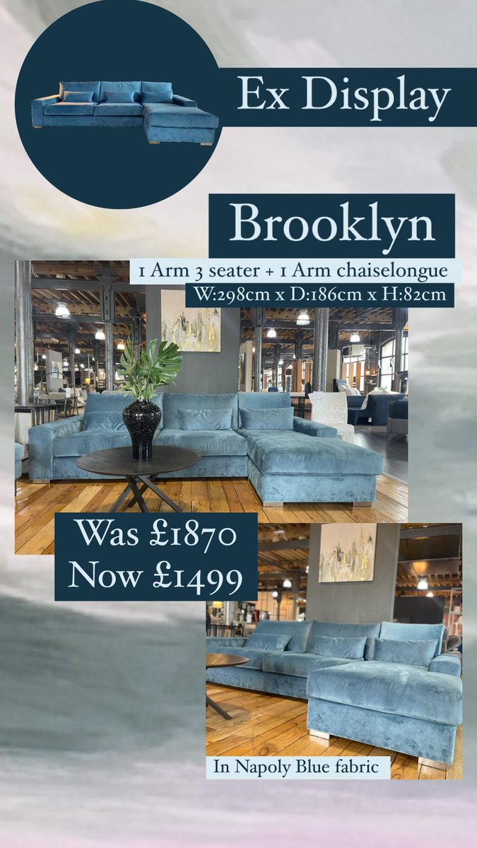 iceinteriors_rm's tweet photo. Our shop floor Brooklyn sofa,  in Napoly blue fabric is now on Ex Display✨

Brooklyn 1 Arm 3 Seater + 1 Arm chaiselongue 

W 298cm x D 186cm x H 82cm

Was £1870
Now £1499 

#interiordesign https://t.co/dtKZ0KHfUw