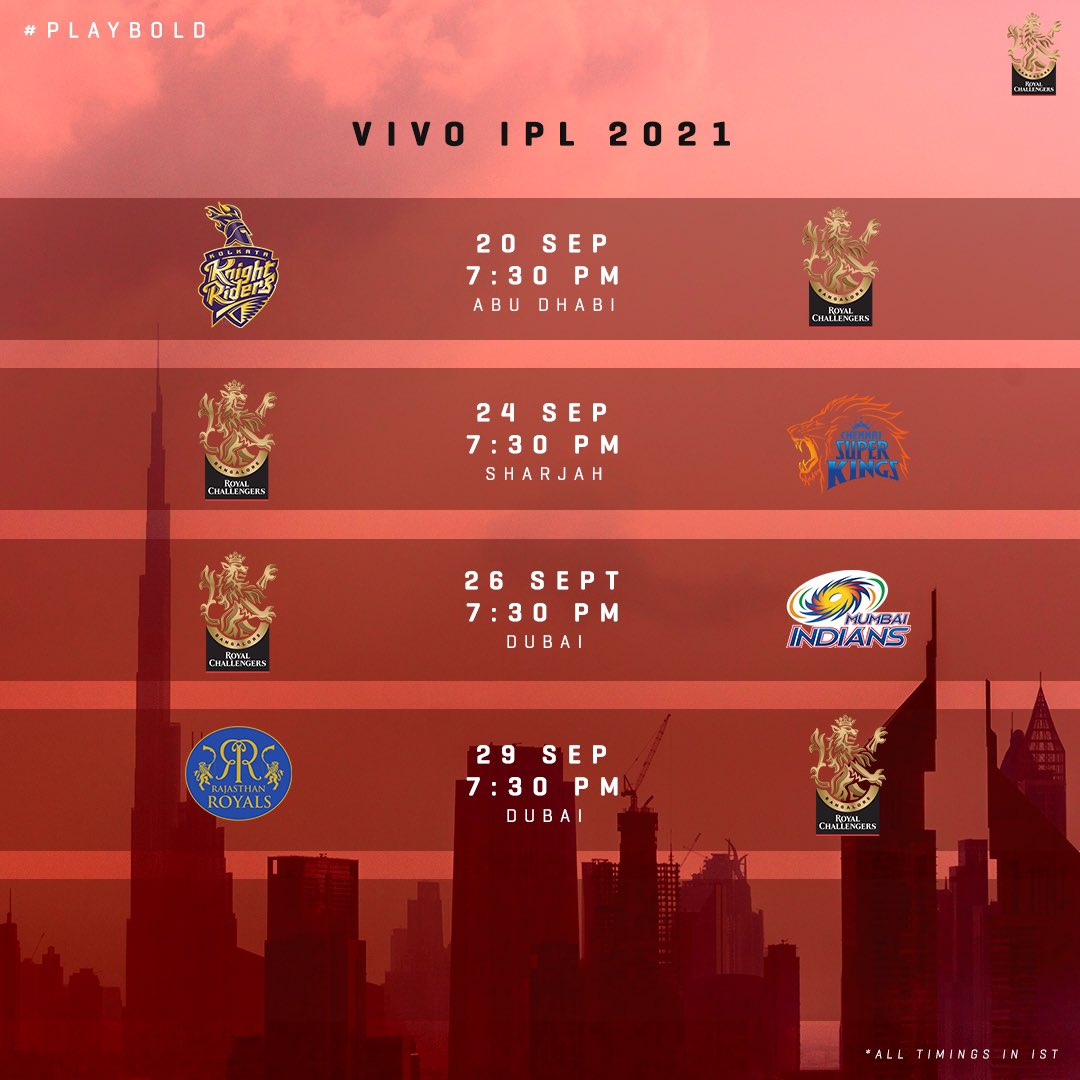 RCBTweets's tweet photo. 🚨 IPL 2️⃣0️⃣2️⃣1️⃣ SCHEDULE 🚨

Our fixtures for the remainder of #IPL2021 to be held in UAE. 🤩

Mark your calendars, 12th Man Army! 👊🏻

#PlayBold #WeAreChallengers https://t.co/CKiVgfE2qR