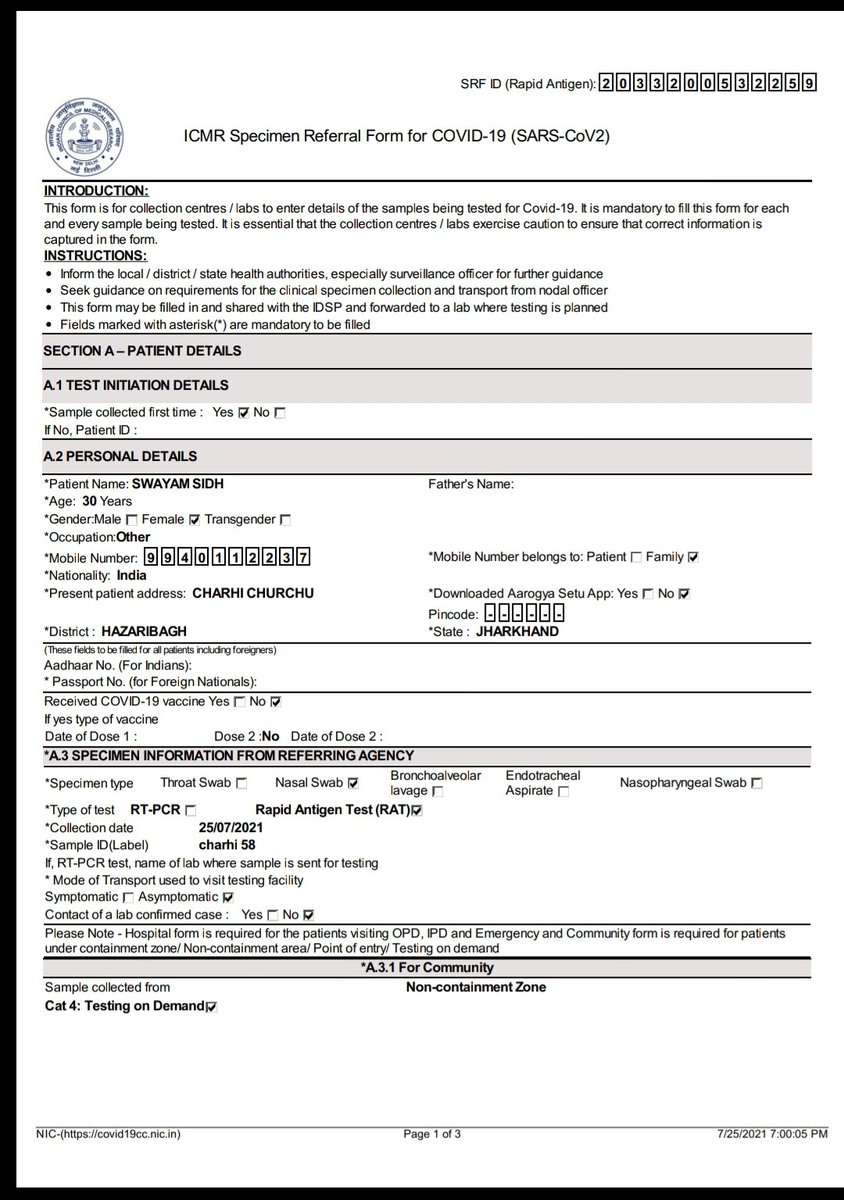 Prashant_Karn's tweet photo. @DC_Hazaribag Fake covid test scam at Hazaribagh Charhi, I received a sms for my wife's COVID test, niether we gave sample for test nor we live in charhi
Fake covid reporting, which would result in incorrect statistical inferences @PMOIndia  @JharkhandCMO @ICMRDELHI @MoHFW_INDIA https://t.co/A1Y4IUQaA8