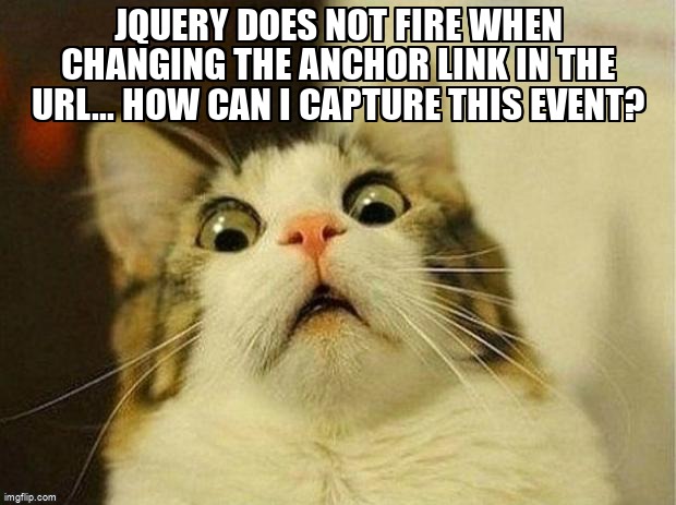 overflow_meme's tweet image. jQuery does not fire when changing the anchor link in the URL... How can I capture this event? stackoverflow.com/questions/1811… #jquery #jqueryevents #anchor