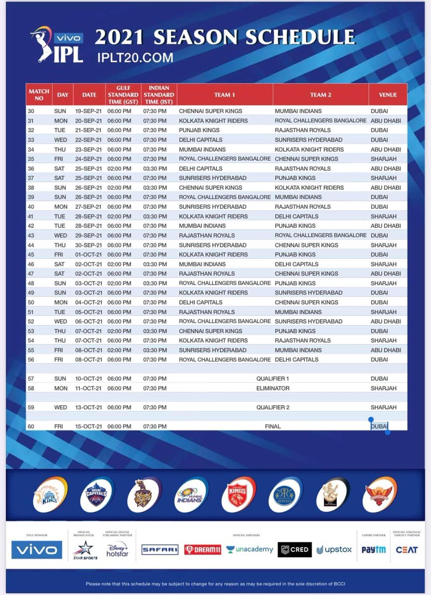 sri50's tweet photo. The #IPL2021 -Phase2 in #UAE schedule is out - starts with #CSKvsMI, 19 September, 
Finals 15 October. https://t.co/G2Rgph6zDQ