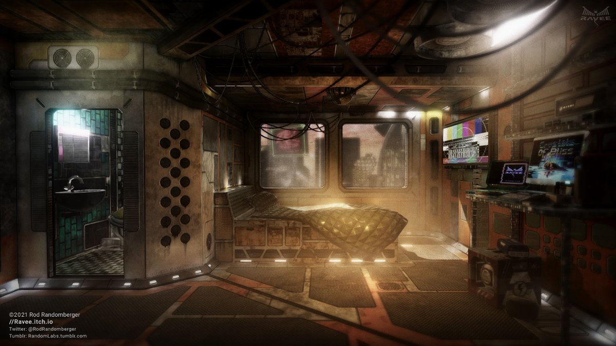 RodRandomberger's tweet image. I rebuild my #cyberpunk apartment scene in #UnrealEngine almost like the original i did it in #Unity 5.5 this year. interesting to see the difference 🙂 #gamedev #indie #IndieGameDev #madewithunity #indiedev #gamedevelopment #3dmodeling #WIP #scifi #lightning