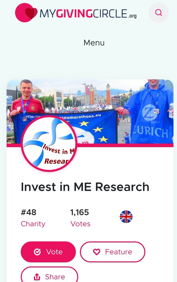 Please support <a href="/Invest_in_ME/">@invest_in_me (Invest in ME Research) 🇪🇺</a>
A charity doing amazing work for people with #ME or to give it it's I'll name  #myalgicencephalomyelitis

Simply VOTE for #InvestinME at #Myfundingcircle to help them share in a big charity funding giveaway 🙏👊

#WalkTall 

mygivingcircle.org/invest-in-me-r…