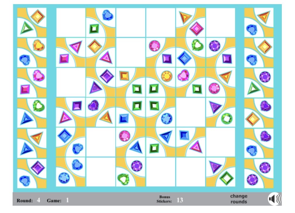 Coming next week - NEW Jennie’s Jewels in two versions: K2 World, Shapes and Logic; and Bonus 4 - the ultimate in Critical Thinking to unlock and retain the maximum bonus stickers. I loved creating this <a href="/FirstInMath/">First In Math</a> game. It has beauty, depth of thinking, and satisfying play.