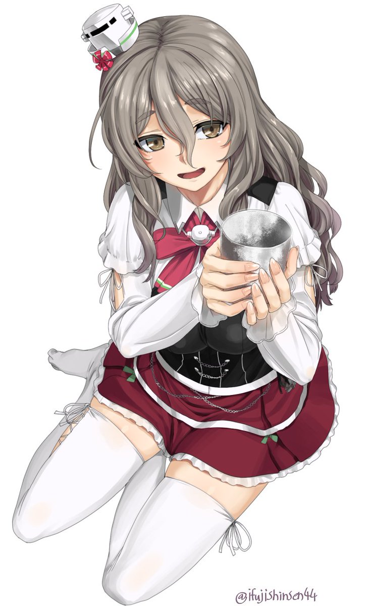 pola (kancolle) 1girl solo thighhighs mini hat hat grey hair brown eyes  illustration images