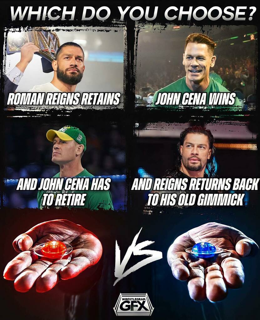 wrestlegram's tweet photo. 🔴 Red or 🔵 Blue? With Reigns vs. Cena rumoured to happen, which moment would you pick to happen at SummerSlam?

🔴 = Reigns wins and Cena has to retire 
🔵 = Cena wins and Reigns returns back to his old gimmick

Pick your poison…

#romanreigns #joh… https://t.co/vX3T7BZpO6 https://t.co/z6iO5GlDqB