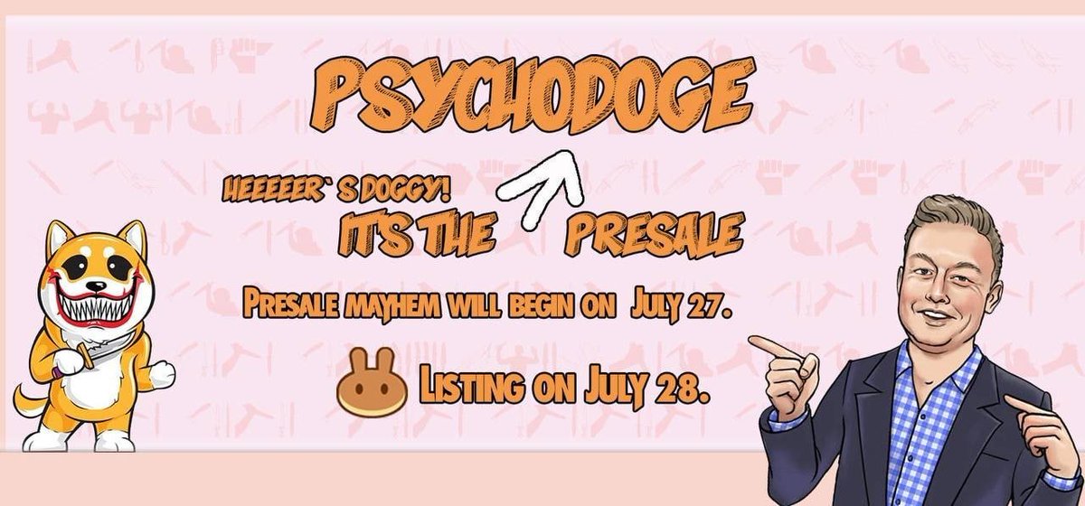 #PsychoDoge Presale on <a href="/dxsale/">DxSale.Network</a>

HC / SC : 600 / 300 BNB
Min / max contribution : 0.1 / 1 BNB
Presale price = listing price
Token per 1 BNB : around 112 trillion
70% will be added to the liquidity 

When?
July 27th at 4pm UTC
timeanddate.com/countdown/laun…

#BSCGEM #BNB #bsc #doge #DeFi