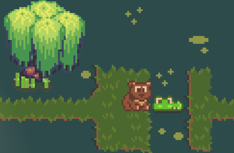 RNGGameDev's tweet image. Whoops, a bit late for #ScreenshotSaturday but I wanted to show the new critter that&apos;s been hanging around in the bubblin&apos; swamp, Gator!

#gamedev #indiegame #pixelart #indiedev