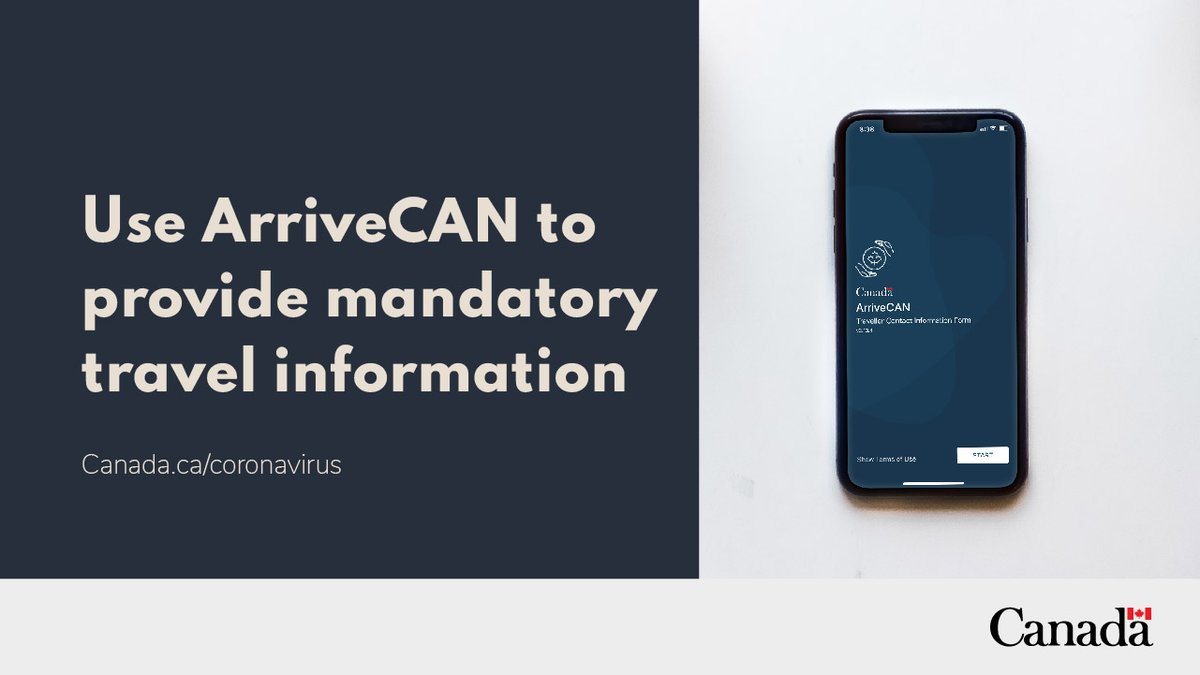 Image of a cell phone on a table with the ArriveCAN app opened. Text reads “Use ArriveCAN to provide mandatory travel information”.
