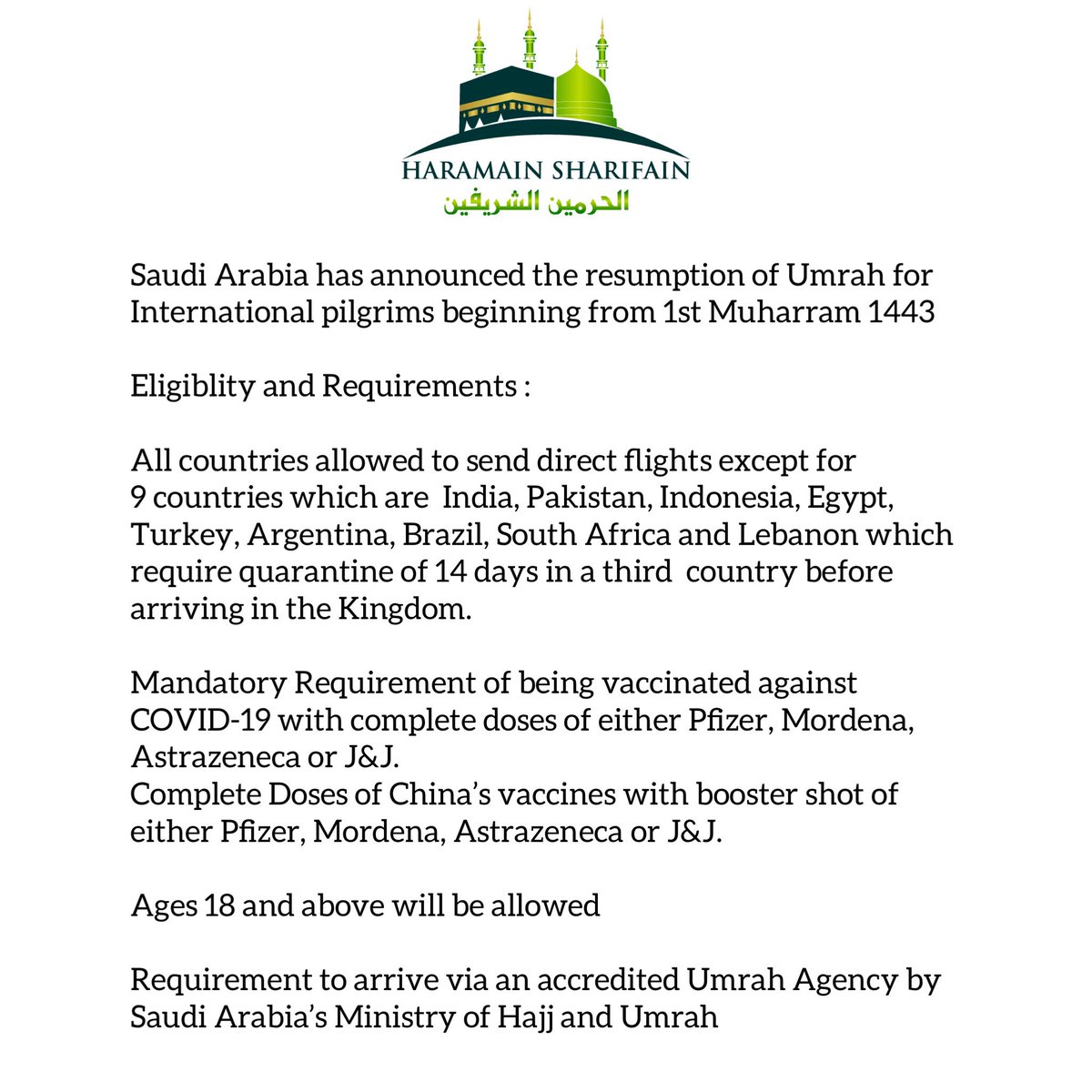🛑 Eligibility and Requirements for Intending Umrah Pilgrims from outside the Kingdom