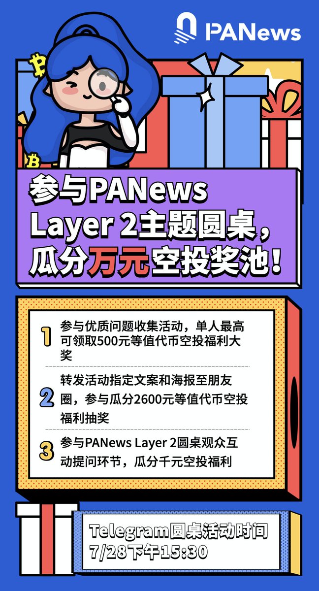 PANewsCN's tweet image. 参与PANews官方电报群 #Layer2 主题圆桌会议，瓜分万元空投奖池！

1. 关注：@PANewsLab @PANewsCN
2. 加入PANews电报：
-交流群：t.me/PANewsLab
-订阅频道：t.me/PANewsLabChann…
3. 转发本贴，并加上 #PANewsLayer2  #airdrop 标签
4. 填写下方谷歌收集表单：forms.gle/h4trLciqGspMm5…