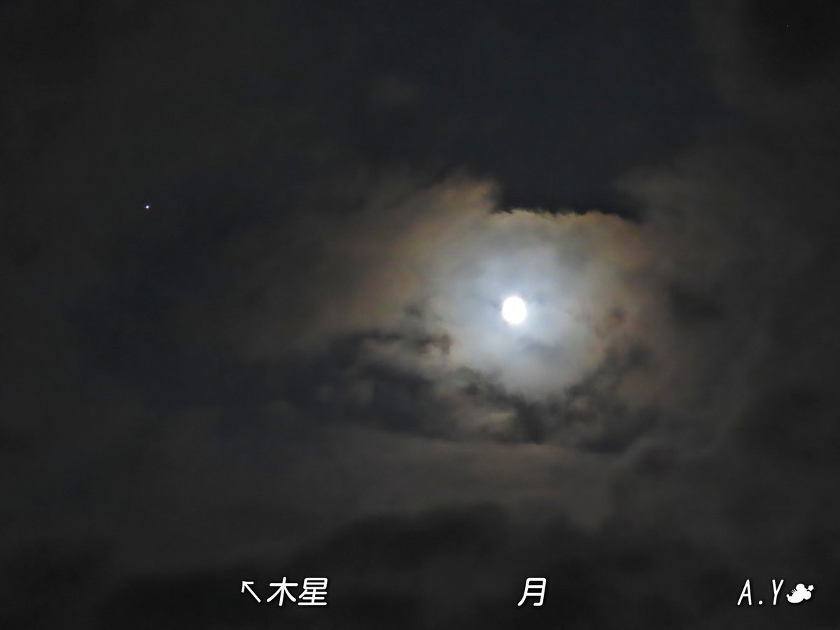 yumeasutw's tweet photo. 真夜中のお月様☁️🌕☁️
夜風が生暖かい夜更け🌃✨
#高積雲 が広がりその下を #黒雲 が流れ行く南東の空に #十六夜月 (月齢15.5)が雲間から見え隠れ。
月の左には🌟 #木星 が、右上には🌟 #土星 が輝いています✨
#月 #moon #十六夜
#夜空 #宙の名前
#雲の教室
#月光環
#雲友
#a2021 #a0725 #a202107 https://t.co/Y7ottkLTAZ
